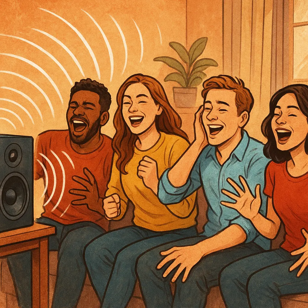 Group of friends experiencing deep bass during a music listening session